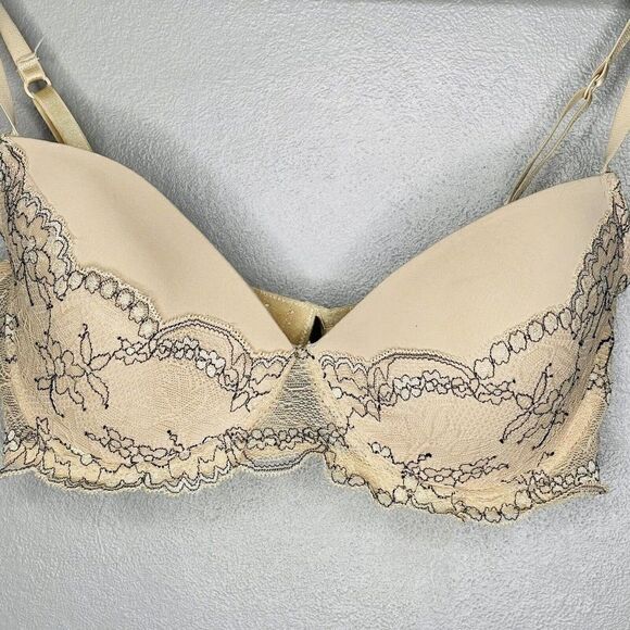 Rene Rofe Pure Beauty 34C padded Underwire Push Up Bra NWOT Tan Black Lace - Picture 2 of 7